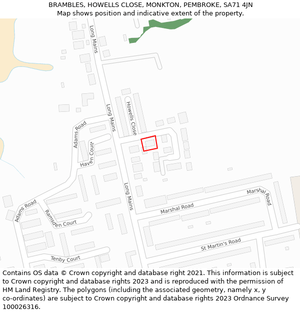 BRAMBLES, HOWELLS CLOSE, MONKTON, PEMBROKE, SA71 4JN: Location map and indicative extent of plot