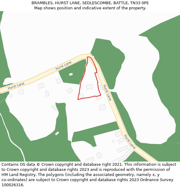 BRAMBLES, HURST LANE, SEDLESCOMBE, BATTLE, TN33 0PE: Location map and indicative extent of plot