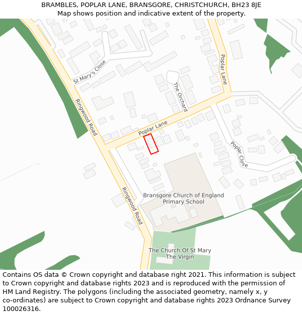 BRAMBLES, POPLAR LANE, BRANSGORE, CHRISTCHURCH, BH23 8JE: Location map and indicative extent of plot