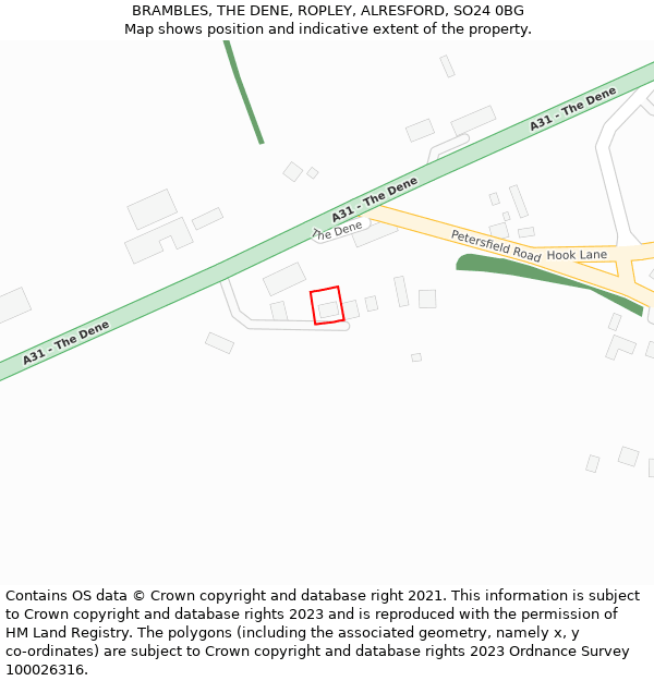 BRAMBLES, THE DENE, ROPLEY, ALRESFORD, SO24 0BG: Location map and indicative extent of plot