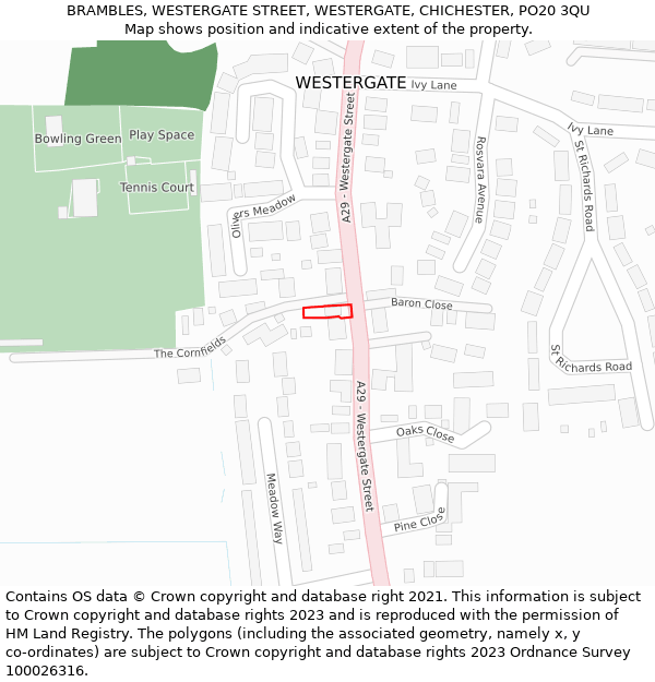 BRAMBLES, WESTERGATE STREET, WESTERGATE, CHICHESTER, PO20 3QU: Location map and indicative extent of plot