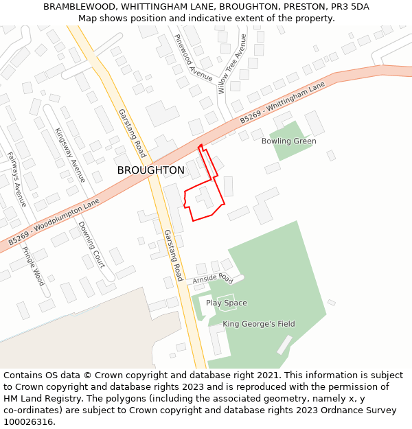 BRAMBLEWOOD, WHITTINGHAM LANE, BROUGHTON, PRESTON, PR3 5DA: Location map and indicative extent of plot