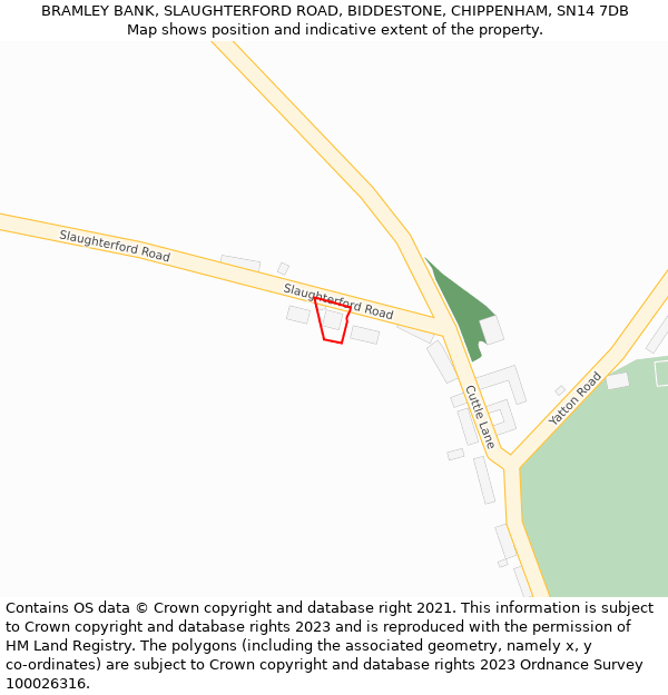 BRAMLEY BANK, SLAUGHTERFORD ROAD, BIDDESTONE, CHIPPENHAM, SN14 7DB: Location map and indicative extent of plot