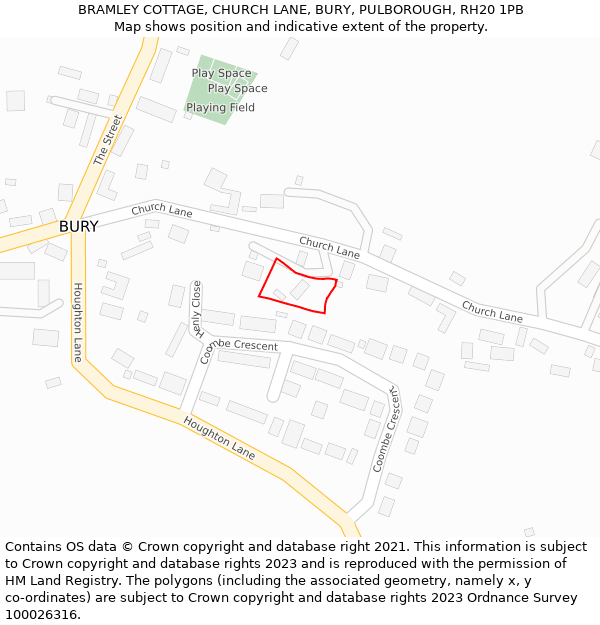 BRAMLEY COTTAGE, CHURCH LANE, BURY, PULBOROUGH, RH20 1PB: Location map and indicative extent of plot