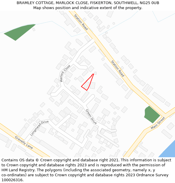 BRAMLEY COTTAGE, MARLOCK CLOSE, FISKERTON, SOUTHWELL, NG25 0UB: Location map and indicative extent of plot