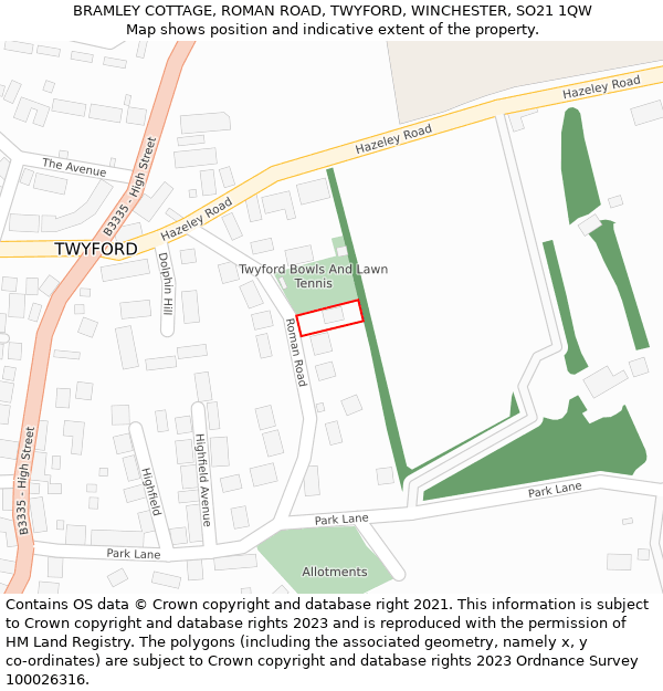 BRAMLEY COTTAGE, ROMAN ROAD, TWYFORD, WINCHESTER, SO21 1QW: Location map and indicative extent of plot