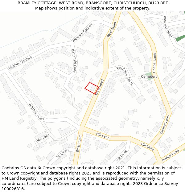 BRAMLEY COTTAGE, WEST ROAD, BRANSGORE, CHRISTCHURCH, BH23 8BE: Location map and indicative extent of plot