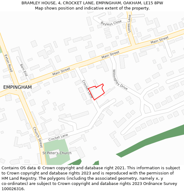 BRAMLEY HOUSE, 4, CROCKET LANE, EMPINGHAM, OAKHAM, LE15 8PW: Location map and indicative extent of plot