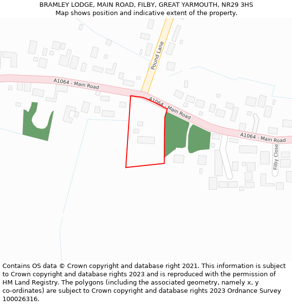 BRAMLEY LODGE, MAIN ROAD, FILBY, GREAT YARMOUTH, NR29 3HS: Location map and indicative extent of plot