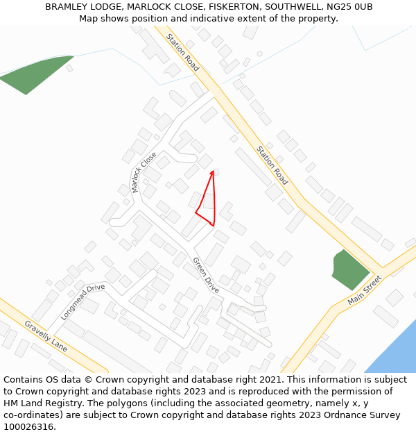 BRAMLEY LODGE, MARLOCK CLOSE, FISKERTON, SOUTHWELL, NG25 0UB: Location map and indicative extent of plot