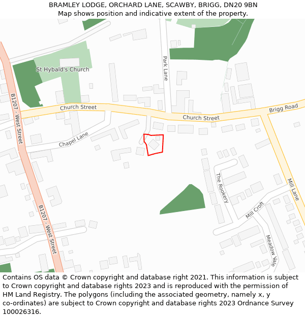 BRAMLEY LODGE, ORCHARD LANE, SCAWBY, BRIGG, DN20 9BN: Location map and indicative extent of plot