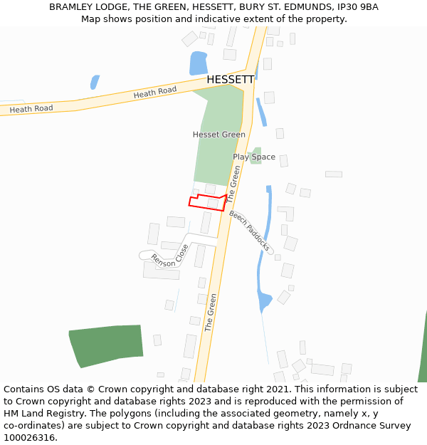 BRAMLEY LODGE, THE GREEN, HESSETT, BURY ST EDMUNDS, IP30 9BA: Location map and indicative extent of plot