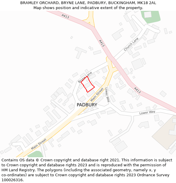 BRAMLEY ORCHARD, BRYNE LANE, PADBURY, BUCKINGHAM, MK18 2AL: Location map and indicative extent of plot