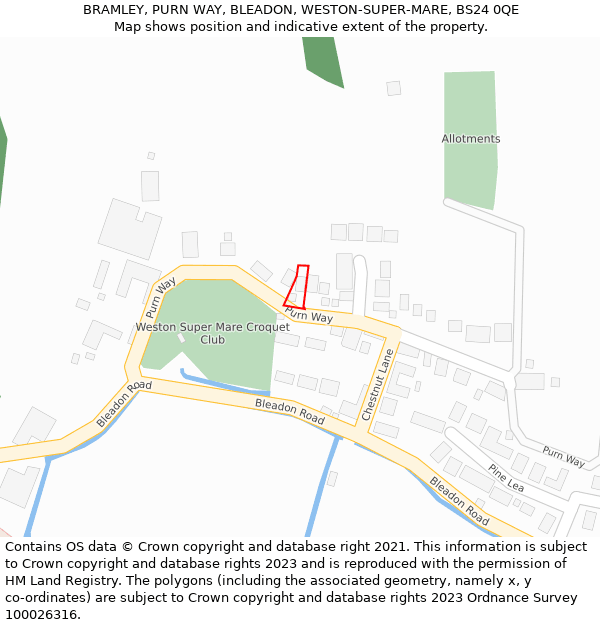 BRAMLEY, PURN WAY, BLEADON, WESTON-SUPER-MARE, BS24 0QE: Location map and indicative extent of plot