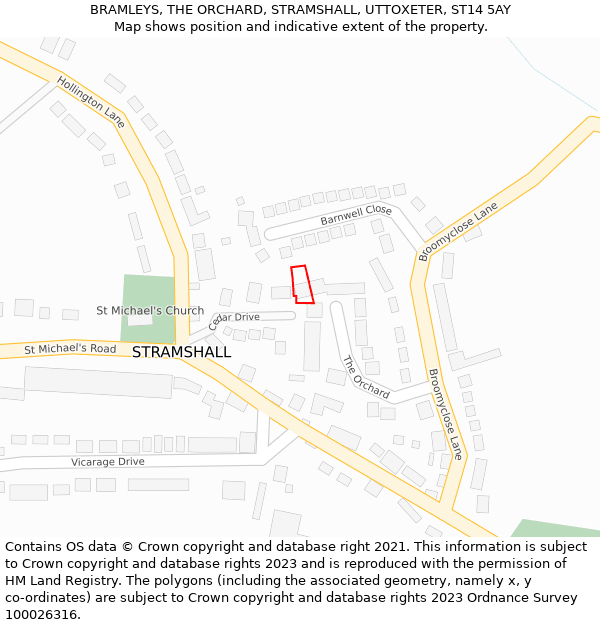 BRAMLEYS, THE ORCHARD, STRAMSHALL, UTTOXETER, ST14 5AY: Location map and indicative extent of plot
