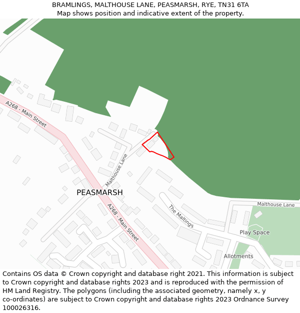 BRAMLINGS, MALTHOUSE LANE, PEASMARSH, RYE, TN31 6TA: Location map and indicative extent of plot