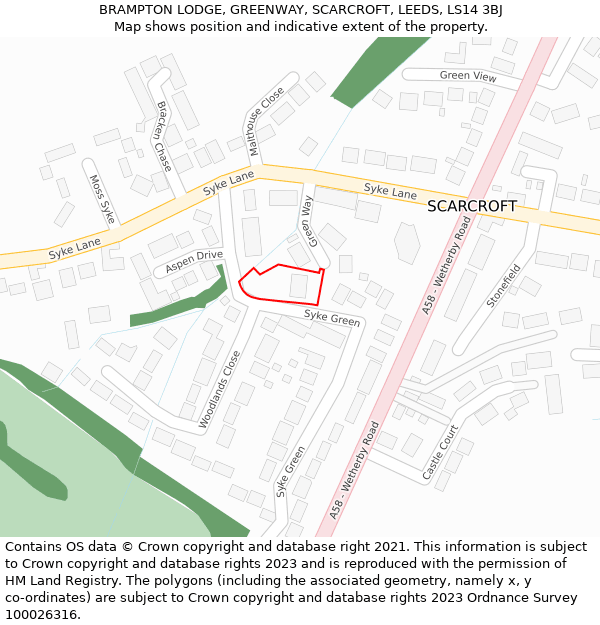 BRAMPTON LODGE, GREENWAY, SCARCROFT, LEEDS, LS14 3BJ: Location map and indicative extent of plot