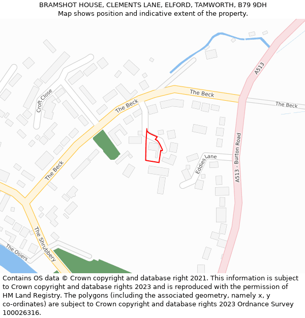 BRAMSHOT HOUSE, CLEMENTS LANE, ELFORD, TAMWORTH, B79 9DH: Location map and indicative extent of plot