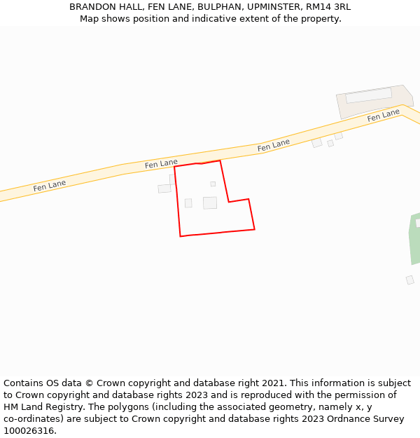 BRANDON HALL, FEN LANE, BULPHAN, UPMINSTER, RM14 3RL: Location map and indicative extent of plot