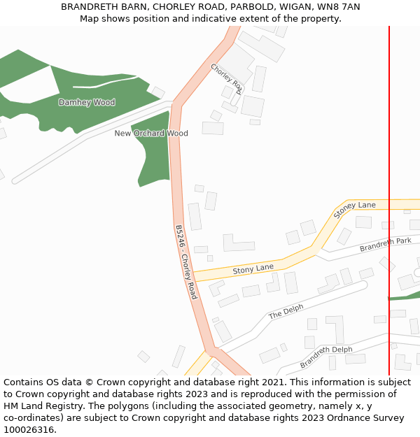 BRANDRETH BARN, CHORLEY ROAD, PARBOLD, WIGAN, WN8 7AN: Location map and indicative extent of plot