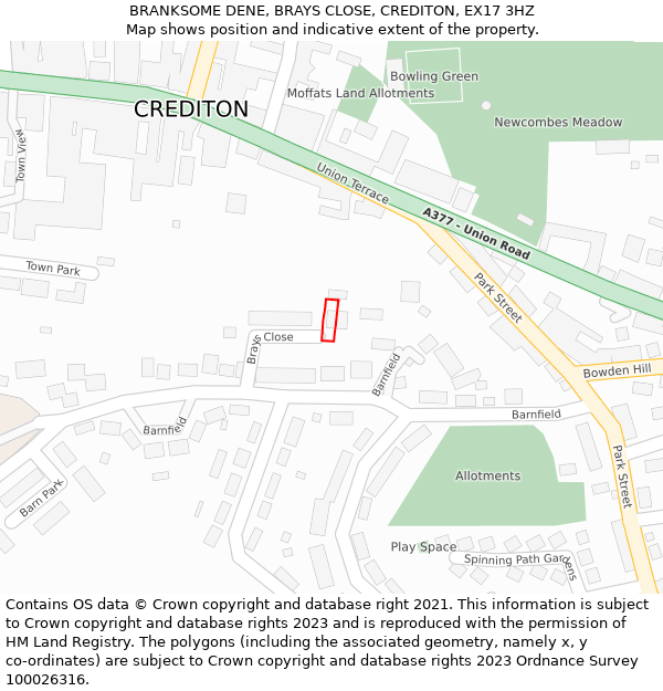 BRANKSOME DENE, BRAYS CLOSE, CREDITON, EX17 3HZ: Location map and indicative extent of plot