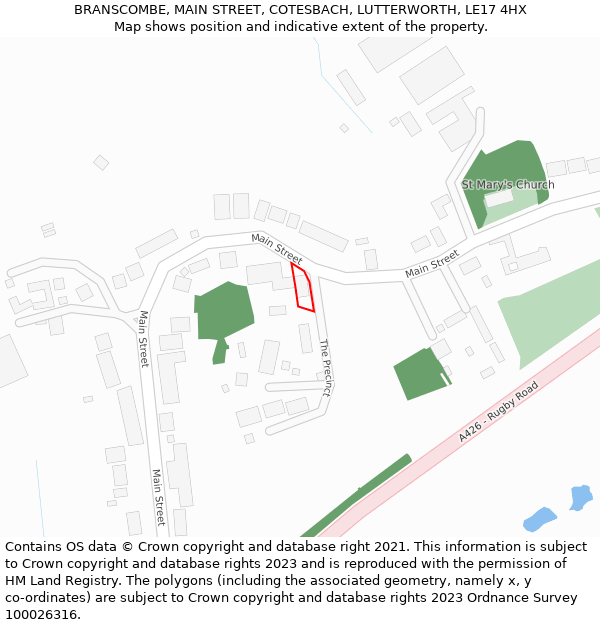 BRANSCOMBE, MAIN STREET, COTESBACH, LUTTERWORTH, LE17 4HX: Location map and indicative extent of plot