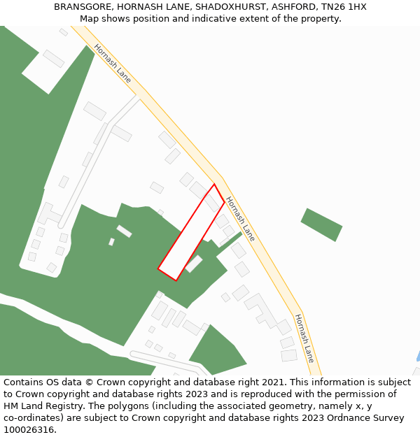 BRANSGORE, HORNASH LANE, SHADOXHURST, ASHFORD, TN26 1HX: Location map and indicative extent of plot