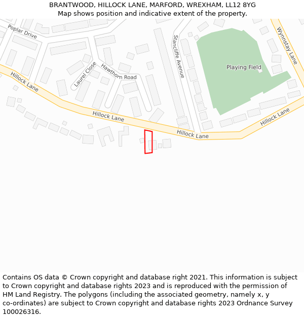 BRANTWOOD, HILLOCK LANE, MARFORD, WREXHAM, LL12 8YG: Location map and indicative extent of plot