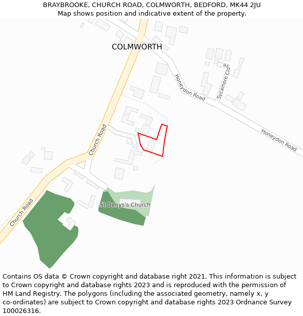 BRAYBROOKE, CHURCH ROAD, COLMWORTH, BEDFORD, MK44 2JU: Location map and indicative extent of plot