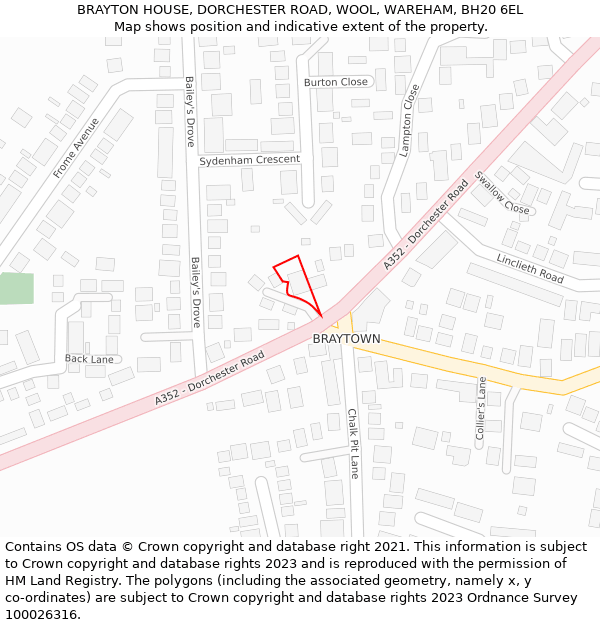 BRAYTON HOUSE, DORCHESTER ROAD, WOOL, WAREHAM, BH20 6EL: Location map and indicative extent of plot