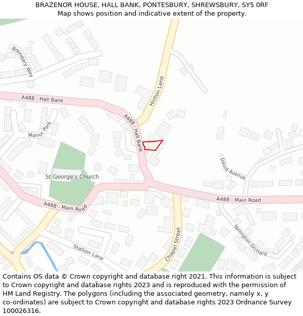 BRAZENOR HOUSE, HALL BANK, PONTESBURY, SHREWSBURY, SY5 0RF: Location map and indicative extent of plot