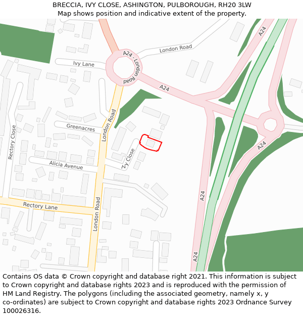 BRECCIA, IVY CLOSE, ASHINGTON, PULBOROUGH, RH20 3LW: Location map and indicative extent of plot