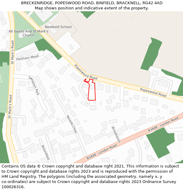 BRECKENRIDGE, POPESWOOD ROAD, BINFIELD, BRACKNELL, RG42 4AD: Location map and indicative extent of plot