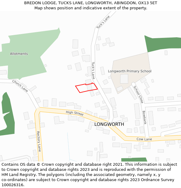 BREDON LODGE, TUCKS LANE, LONGWORTH, ABINGDON, OX13 5ET: Location map and indicative extent of plot