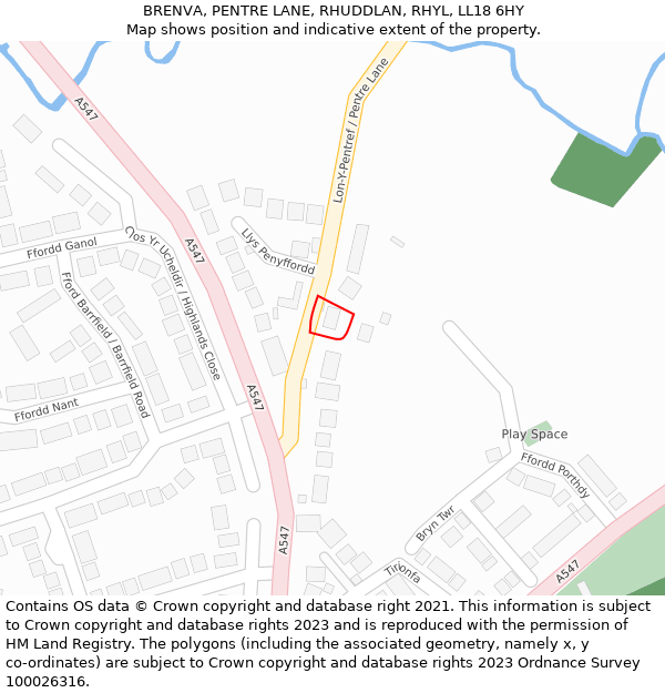 BRENVA, PENTRE LANE, RHUDDLAN, RHYL, LL18 6HY: Location map and indicative extent of plot