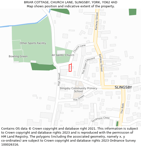 BRIAR COTTAGE, CHURCH LANE, SLINGSBY, YORK, YO62 4AD: Location map and indicative extent of plot