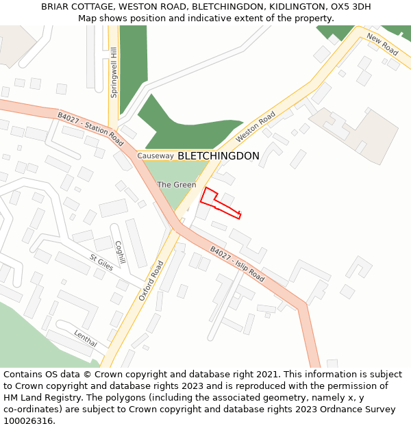 BRIAR COTTAGE, WESTON ROAD, BLETCHINGDON, KIDLINGTON, OX5 3DH: Location map and indicative extent of plot