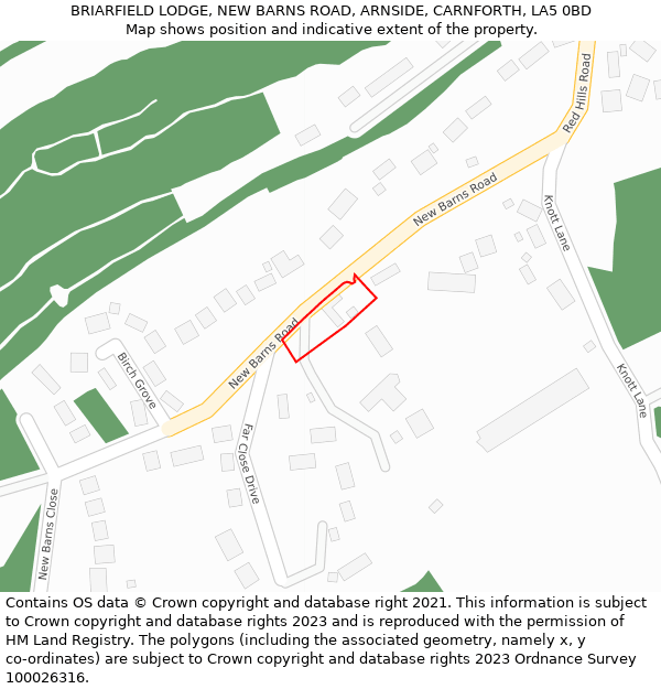 BRIARFIELD LODGE, NEW BARNS ROAD, ARNSIDE, CARNFORTH, LA5 0BD: Location map and indicative extent of plot