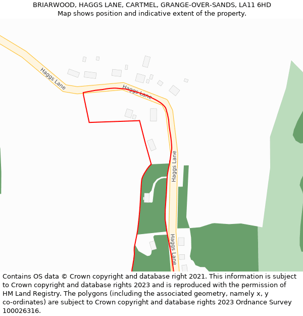 BRIARWOOD, HAGGS LANE, CARTMEL, GRANGE-OVER-SANDS, LA11 6HD: Location map and indicative extent of plot