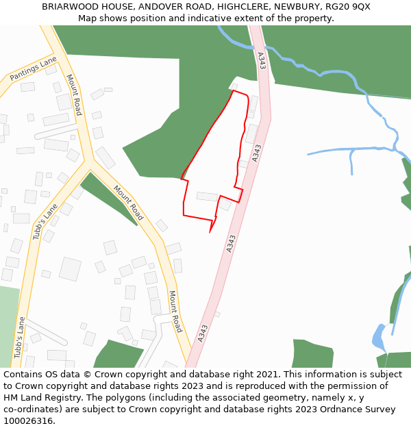 BRIARWOOD HOUSE, ANDOVER ROAD, HIGHCLERE, NEWBURY, RG20 9QX: Location map and indicative extent of plot