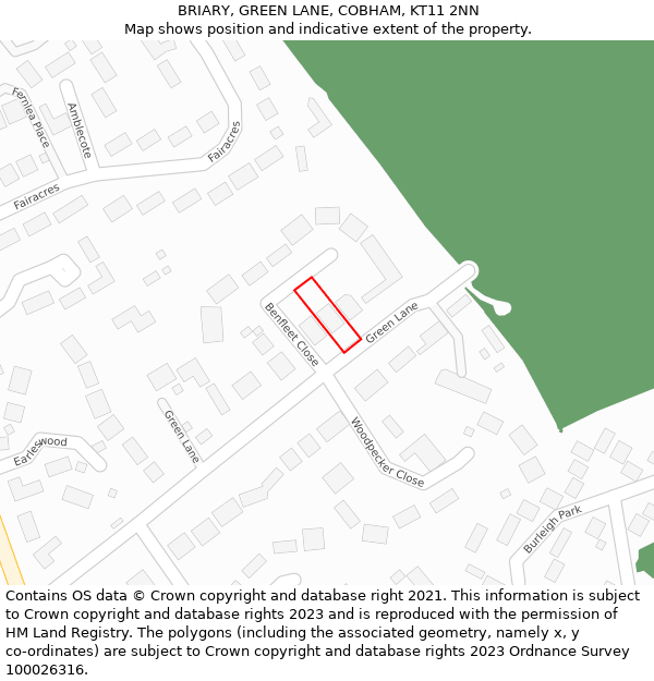 BRIARY, GREEN LANE, COBHAM, KT11 2NN: Location map and indicative extent of plot