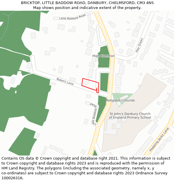 BRICKTOP, LITTLE BADDOW ROAD, DANBURY, CHELMSFORD, CM3 4NS: Location map and indicative extent of plot