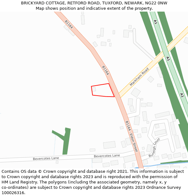 BRICKYARD COTTAGE, RETFORD ROAD, TUXFORD, NEWARK, NG22 0NW: Location map and indicative extent of plot