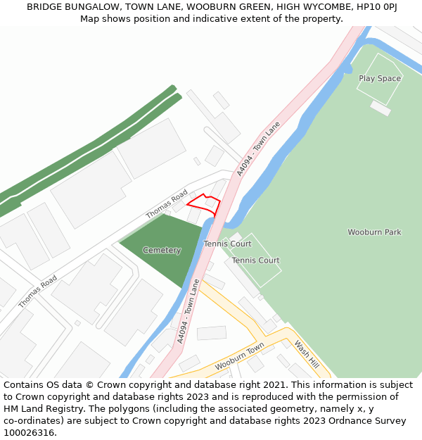 BRIDGE BUNGALOW, TOWN LANE, WOOBURN GREEN, HIGH WYCOMBE, HP10 0PJ: Location map and indicative extent of plot