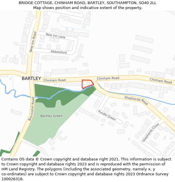 BRIDGE COTTAGE, CHINHAM ROAD, BARTLEY, SOUTHAMPTON, SO40 2LL: Location map and indicative extent of plot