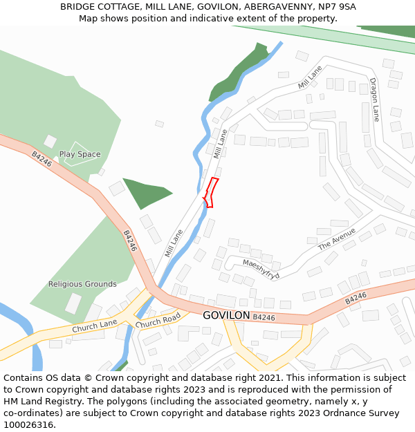 BRIDGE COTTAGE, MILL LANE, GOVILON, ABERGAVENNY, NP7 9SA: Location map and indicative extent of plot
