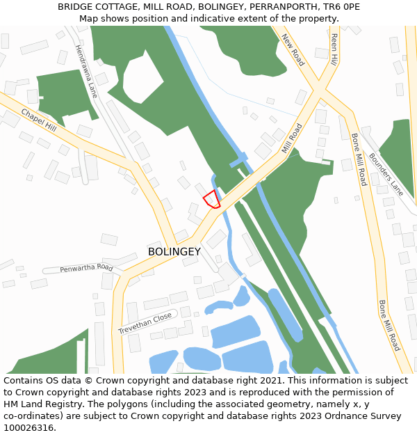 BRIDGE COTTAGE, MILL ROAD, BOLINGEY, PERRANPORTH, TR6 0PE: Location map and indicative extent of plot