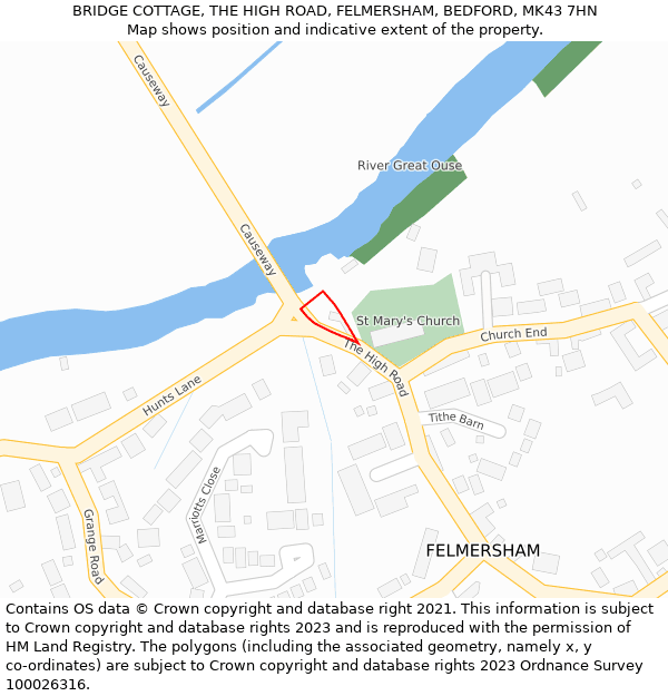 BRIDGE COTTAGE, THE HIGH ROAD, FELMERSHAM, BEDFORD, MK43 7HN: Location map and indicative extent of plot