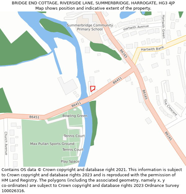 BRIDGE END COTTAGE, RIVERSIDE LANE, SUMMERBRIDGE, HARROGATE, HG3 4JP: Location map and indicative extent of plot