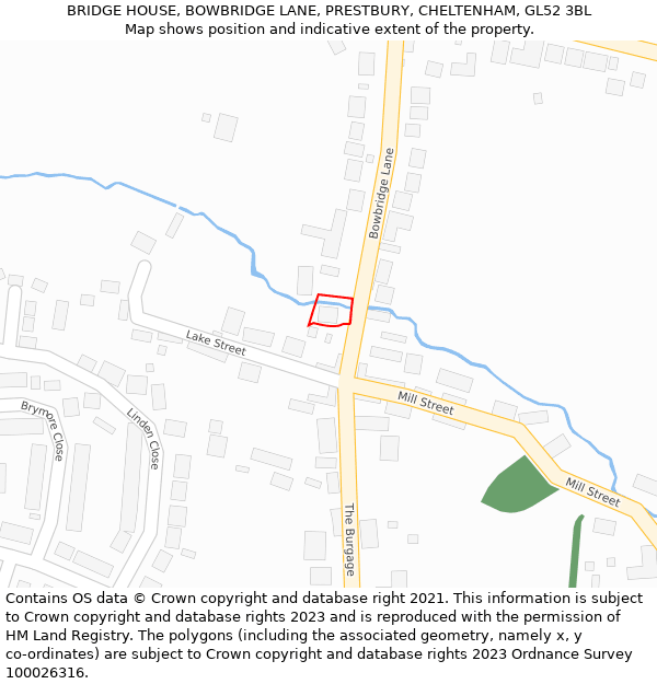 BRIDGE HOUSE, BOWBRIDGE LANE, PRESTBURY, CHELTENHAM, GL52 3BL: Location map and indicative extent of plot